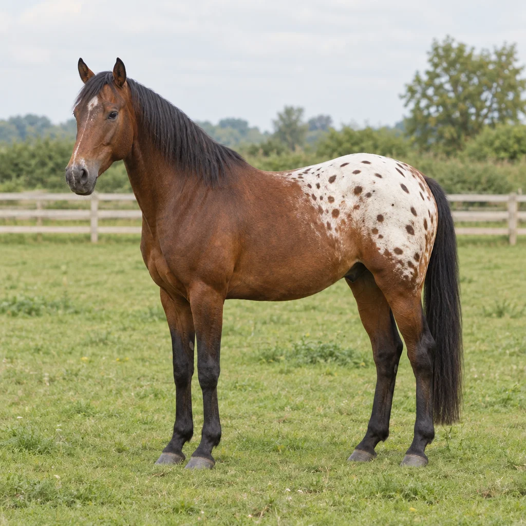 Braunes Pferd mit weißer, dunkel gefleckter Hinterhand steht auf einer Weide. Alle vier Hufe sind sichtbar.