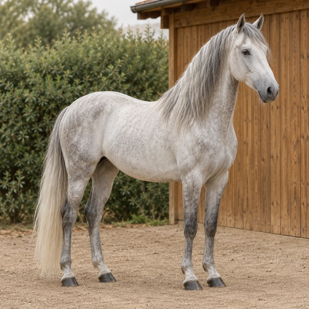 Graues Pferd steht mit vollständig sichtbarem Körper auf einem Hof, vor einem Holzstall und grünen Sträuchern.