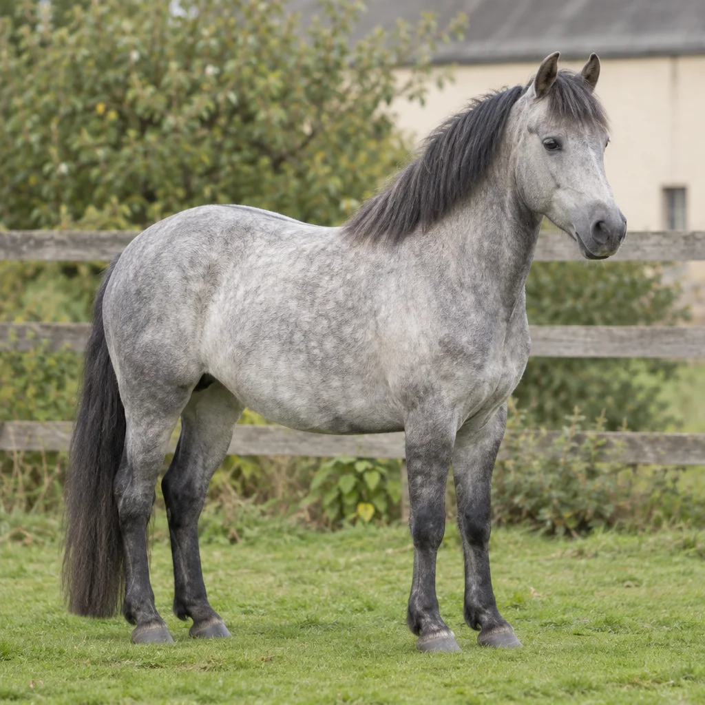Graues Pony mit dunkler Mähne und dunklem Schweif steht auf Gras vor einem Holzzaun.