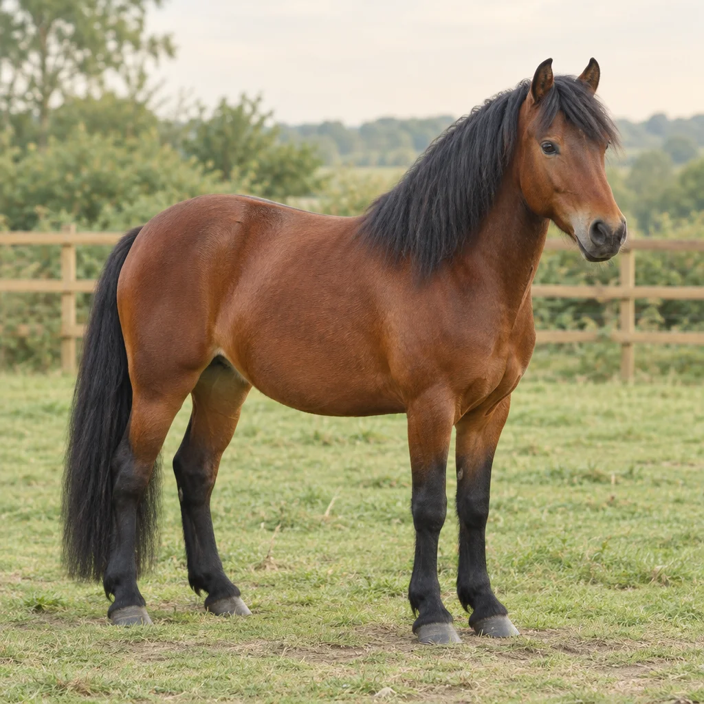 Braunes Pony mit schwarzer Mähne, schwarzem Schweif und schwarzen Unterschenkeln steht mit vollständig sichtbarem Körper auf einer Weide neben einem Holzzaun.