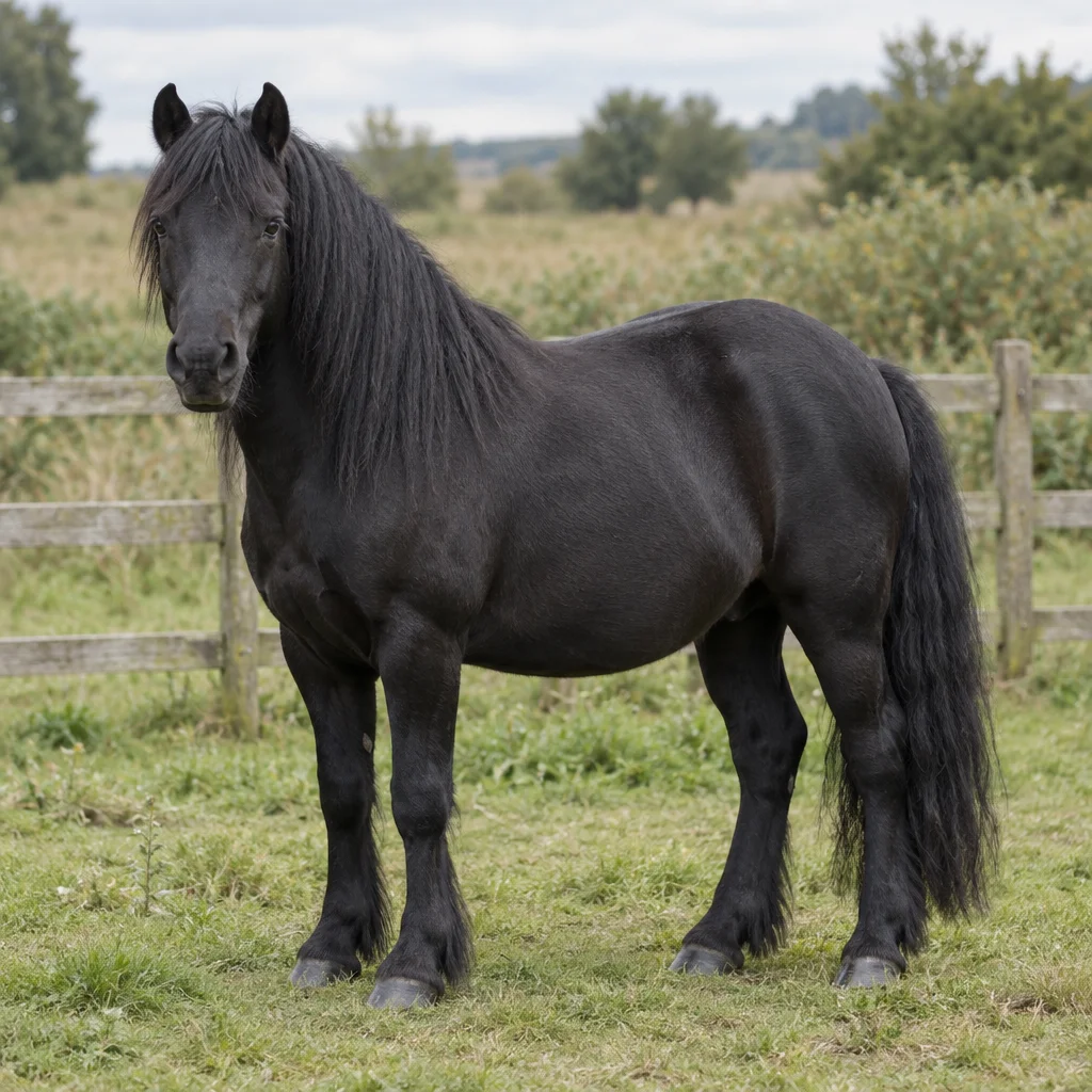 Schwarzes Pony mit langer Mähne und langem Schweif steht mit vier sichtbaren Hufen auf einer Weide an einem Holzzaun.