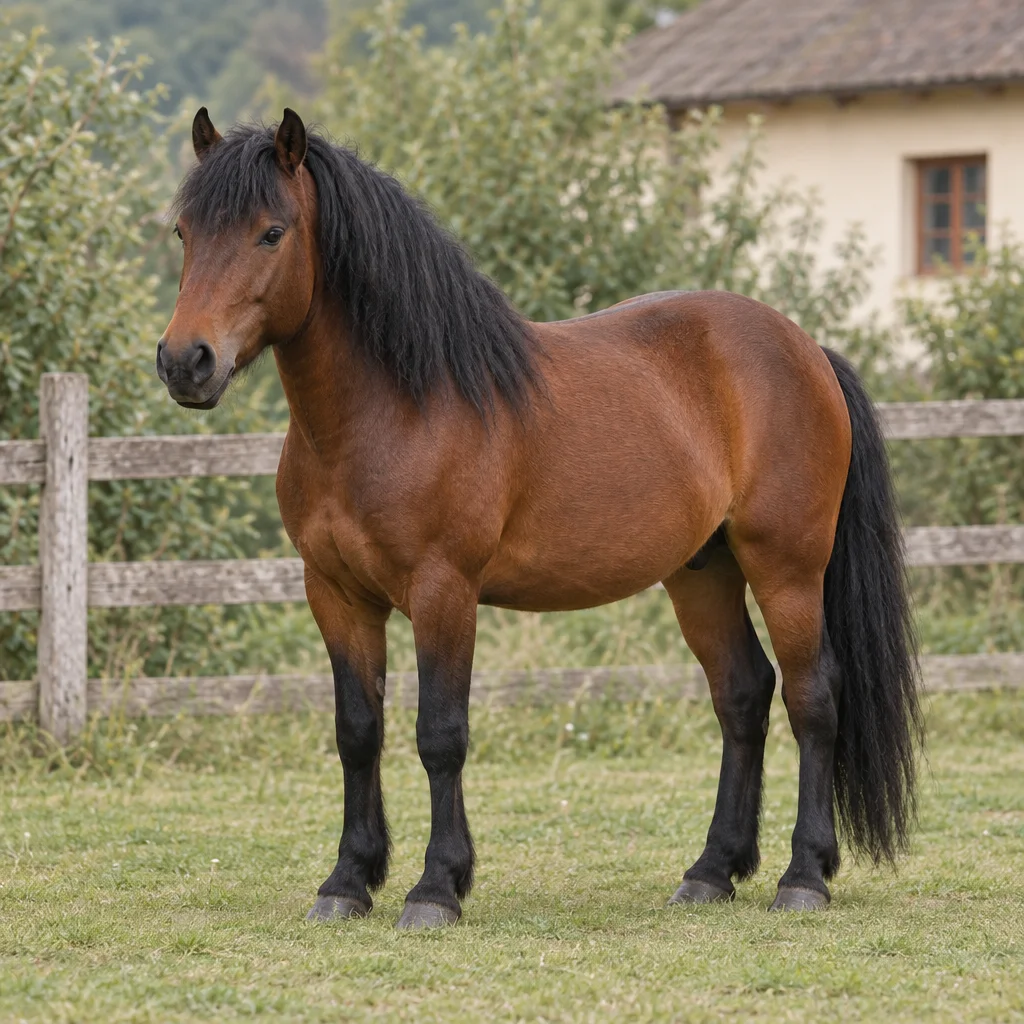 Ein braunes Pferd mit schwarzer Mähne, schwarzem Schweif und schwarzen Unterschenkeln steht auf Gras vor einem Holzzaun.