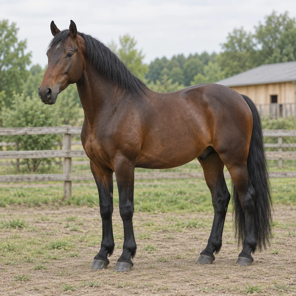 Ein dunkelbraunes Pferd mit schwarzer Mähne und schwarzem Schweif steht vollständig sichtbar in einem eingezäunten Paddock, im Hintergrund sind Bäume und ein Holzstall zu sehen.