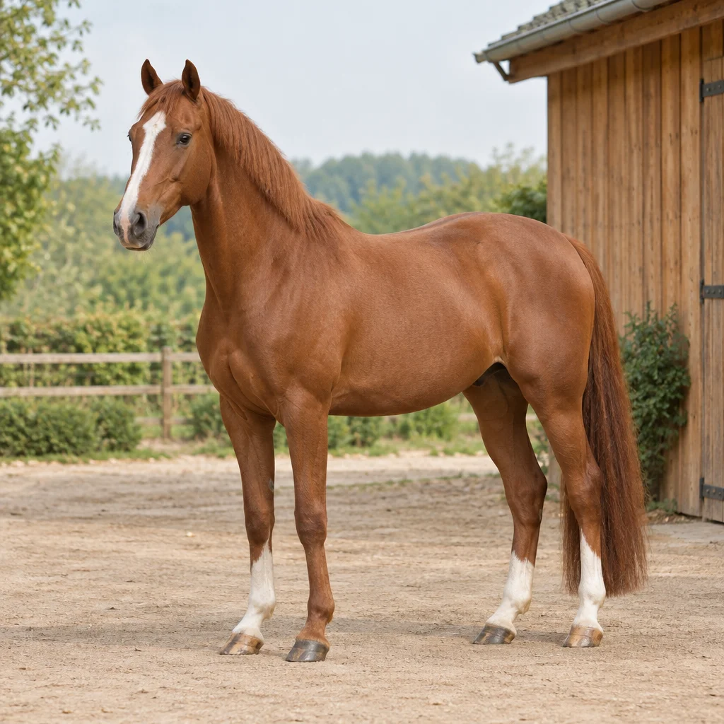 Fuchs mit weißer Blesse und weißen Abzeichen an den Beinen, vollständig zu sehen auf einem Hof neben einer Holzscheune.