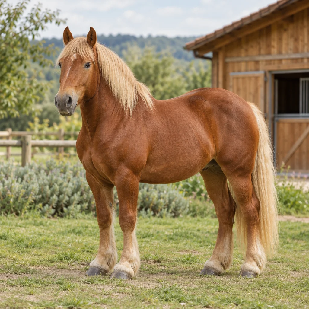 Kupferbraunes Zugpferd mit heller Mähne und hellem Schweif steht vollständig sichtbar vor einem Holzstall.