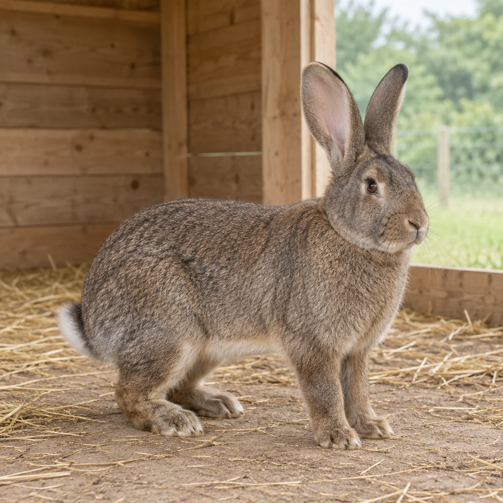 Großes graubraunes Kaninchen mit aufrecht stehenden Ohren, vollständig zu sehen auf einem Boden mit Stroh vor einer hölzernen Unterbringung.