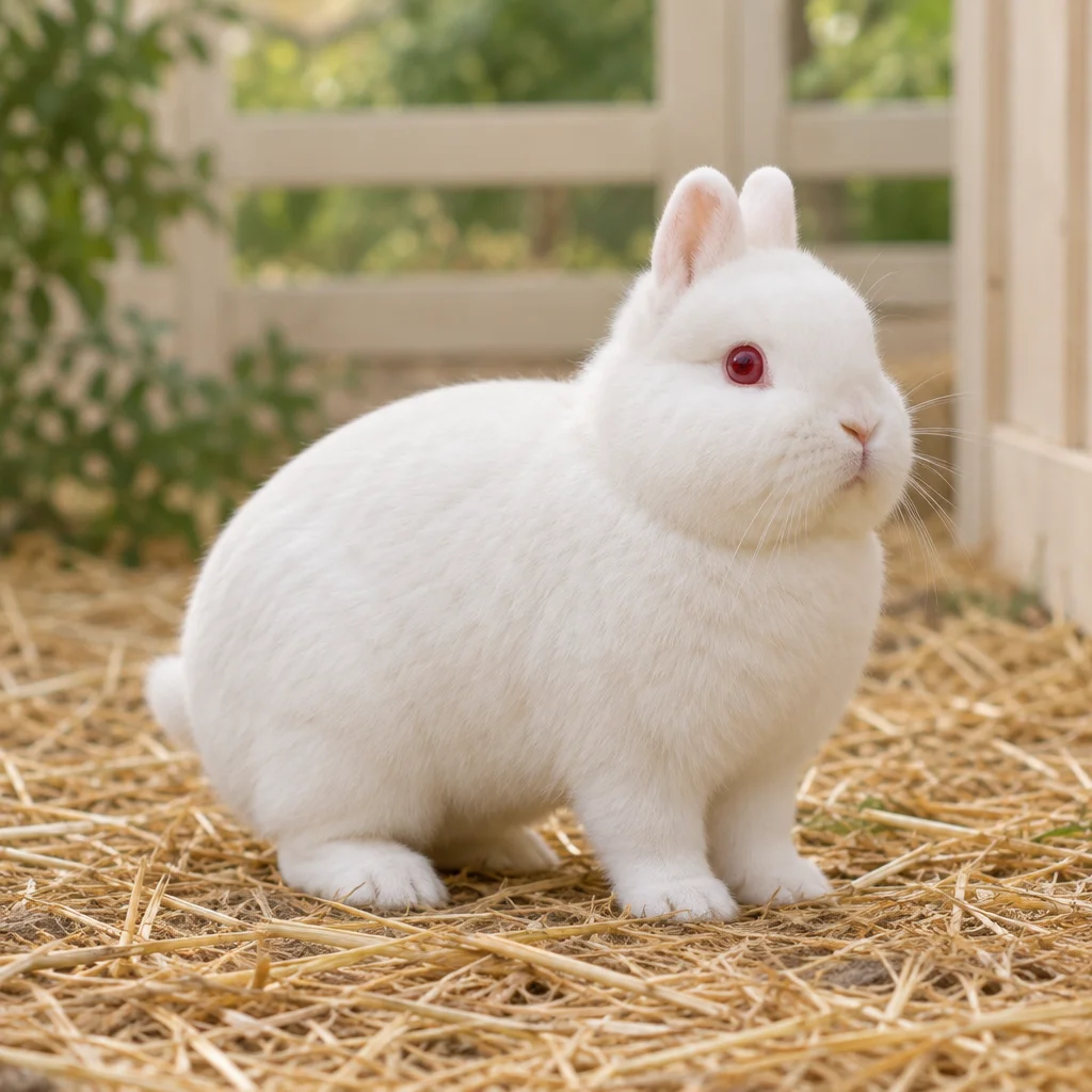 Illustration eines weißen Hermelijnkaninchens mit roten Augen und kurzen, aufrecht stehenden Ohren auf Stroh.