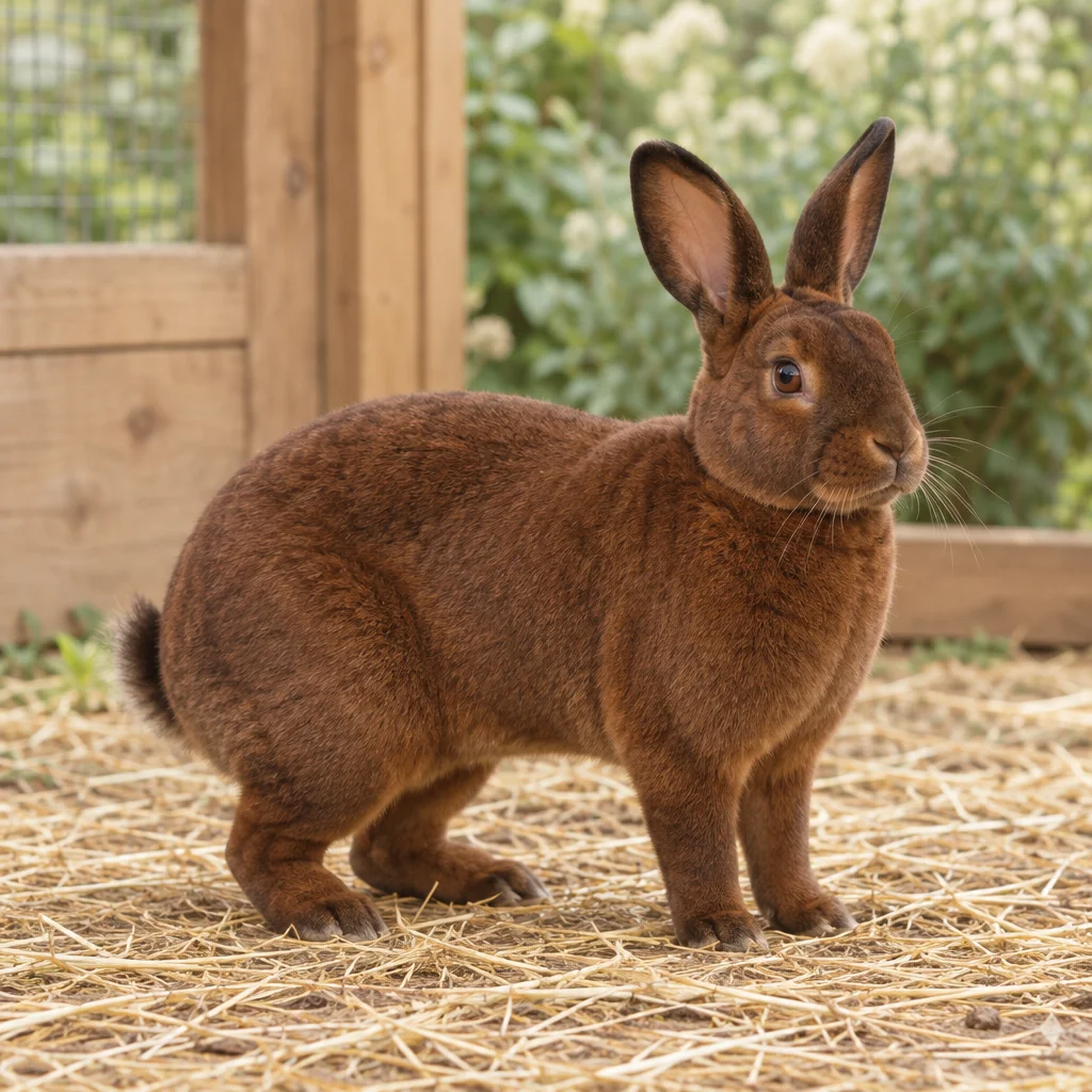 Braunes Kaninchen mit aufrecht stehenden Ohren steht auf Stroh vor einer Holzeinzäunung.