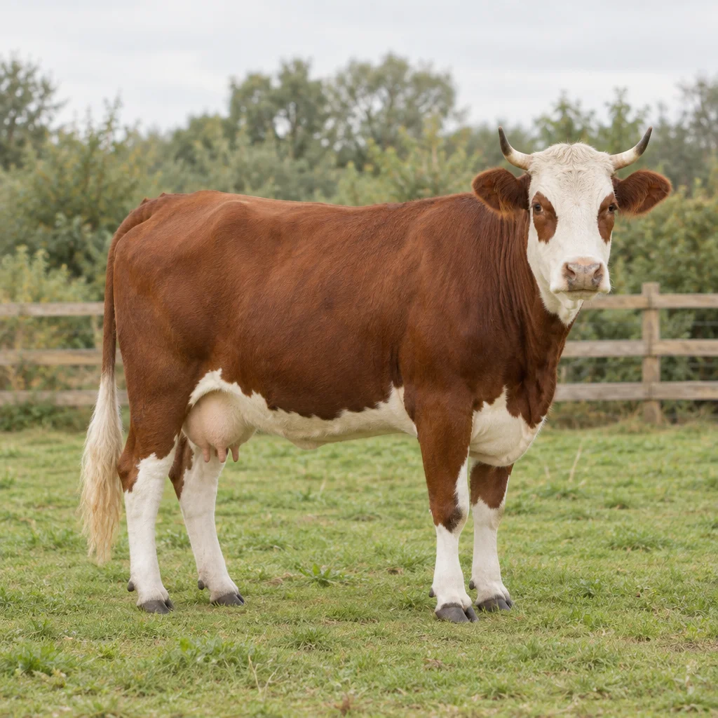 Rotbraune Kuh mit weißem Kopf, braunen Flecken um die Augen und weißen unteren Beinabschnitten, die vor einem Holzzaun im Gras steht.