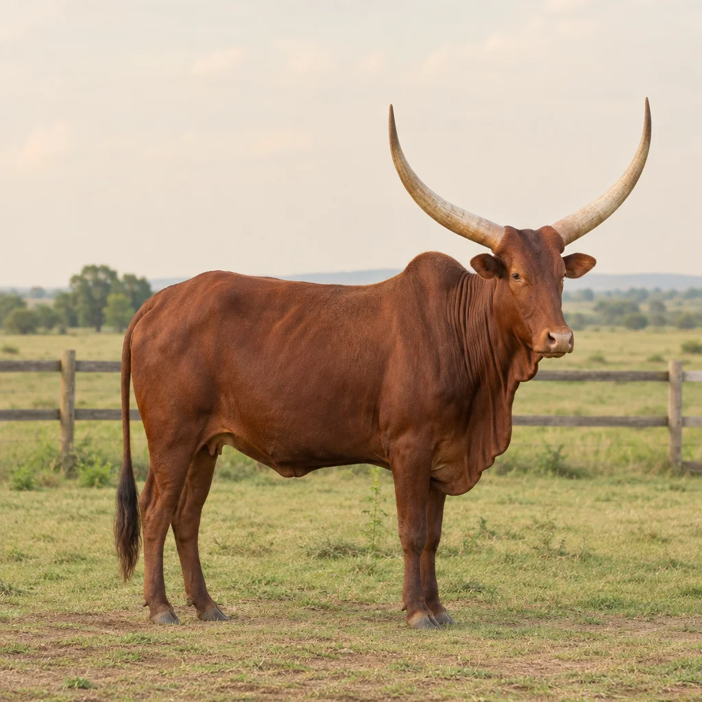 Illustration eines rotbraunen Ankole Rinds mit langen, nach oben gebogenen Hörnern auf einer Grasweide.