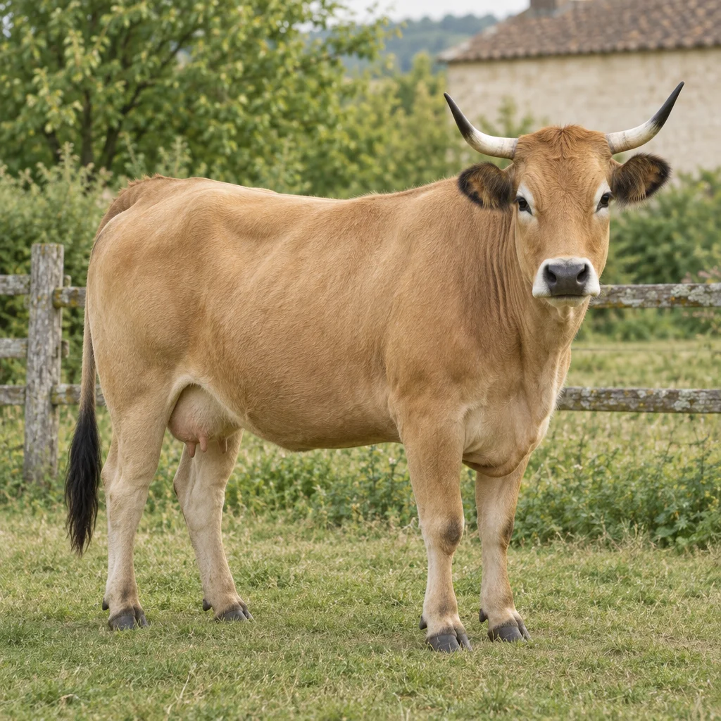 Hellbraune Kuh mit nach oben gebogenen Hörnern und einer dunklen Schwanzquaste steht vollständig sichtbar auf einer Weide an einem Holzzaun.