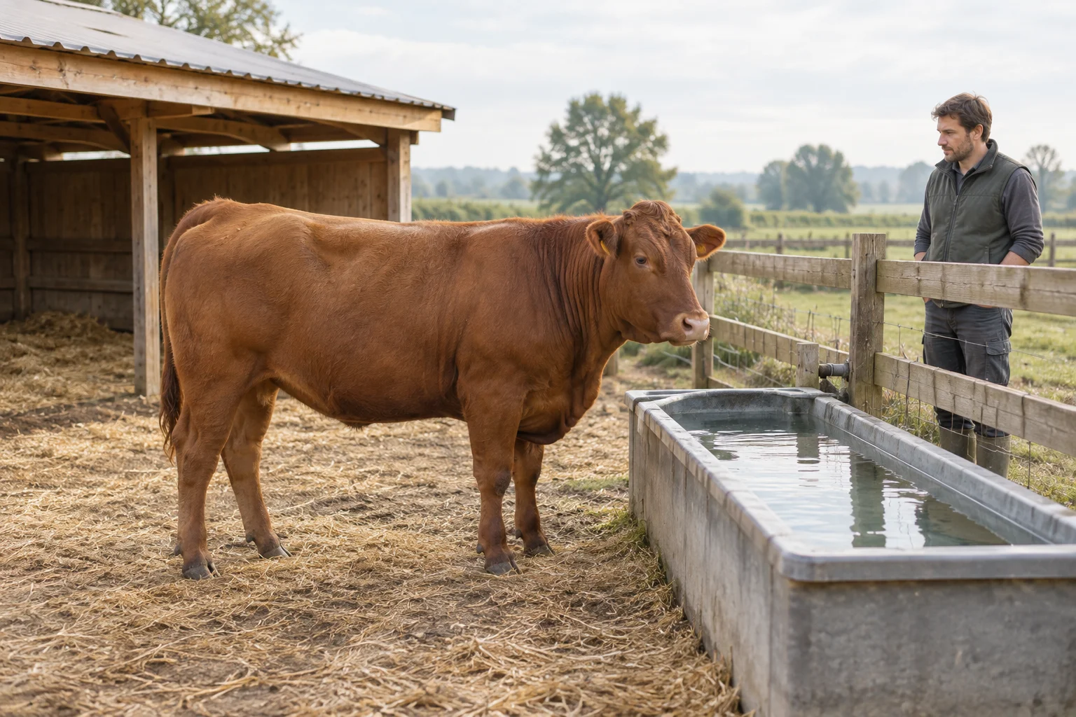 Braunes Rind neben einem Wasserbecken auf einem Hof, mit einer Person hinter dem Zaun und einem offenen Unterstand aus Holz.
