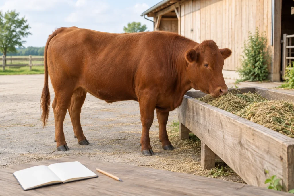 Rotbraunes Rind an einem hölzernen Futtertrog mit Heu, im Vordergrund ein leeres Notizbuch und ein Bleistift.