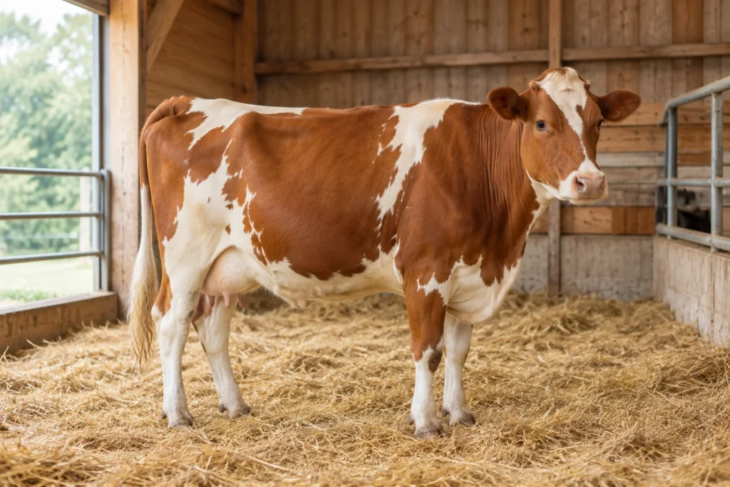 Braunweiße Kuh steht in einem Stall auf Stroh.