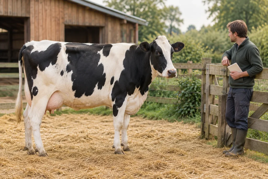 Eine schwarzbunte Kuh steht auf Stroh neben einem Holzzaun, während ein Tierhalter mit einem geschlossenen Notizbuch zusieht.