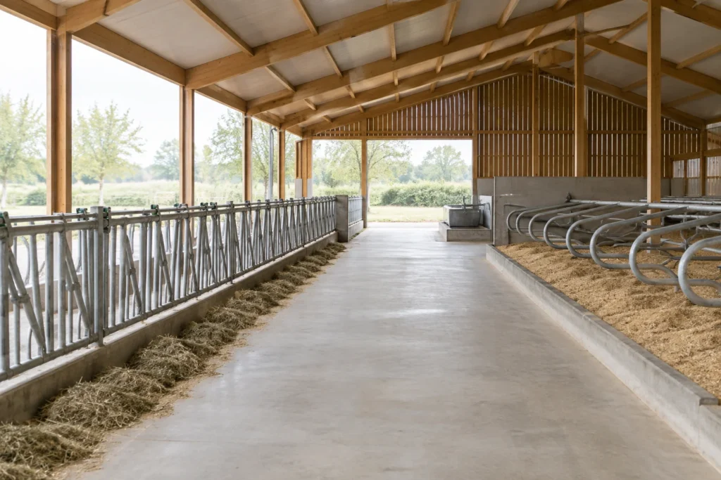 Innenansicht eines leeren Rinderstalls mit einer Holzdachkonstruktion, Fressgitter, Liegeboxen und einem mittigen Betongang.