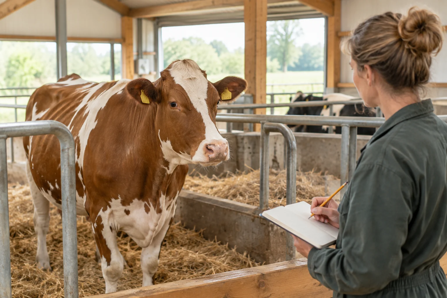 Eine Frau notiert Beobachtungen bei einem braunweißen Rind in einem Stall.