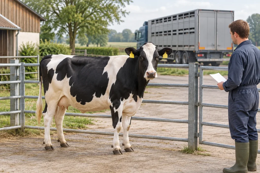 Schwarzbunte Kuh mit gelben Ohrmarken an einem Zaun, im Hintergrund ein Mitarbeiter und ein Viehtransporter.