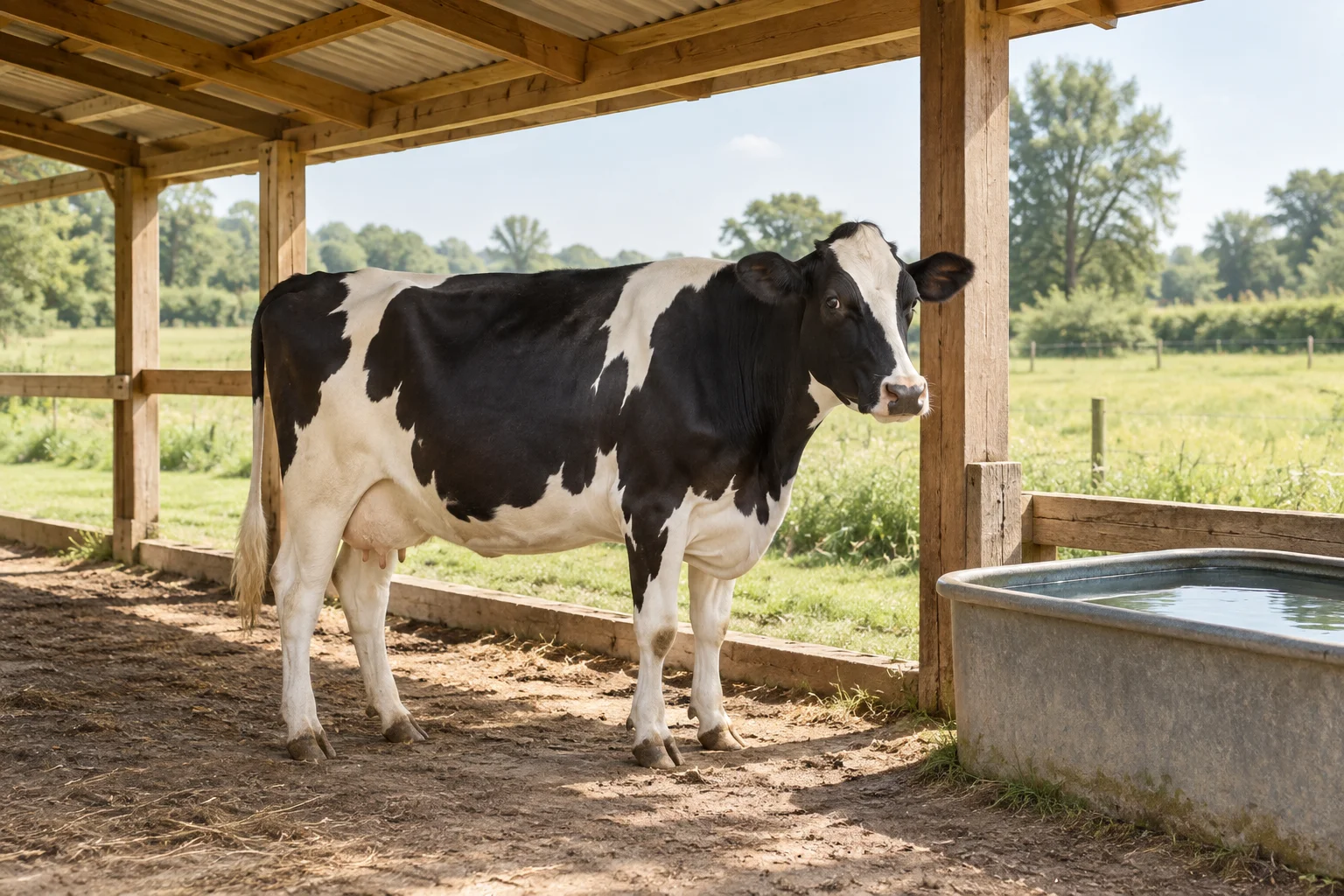 Ein schwarz weißes Rind steht unter einem offenen Holzunterstand neben einem Wasserbecken, im Hintergrund ist eine Weide zu sehen.