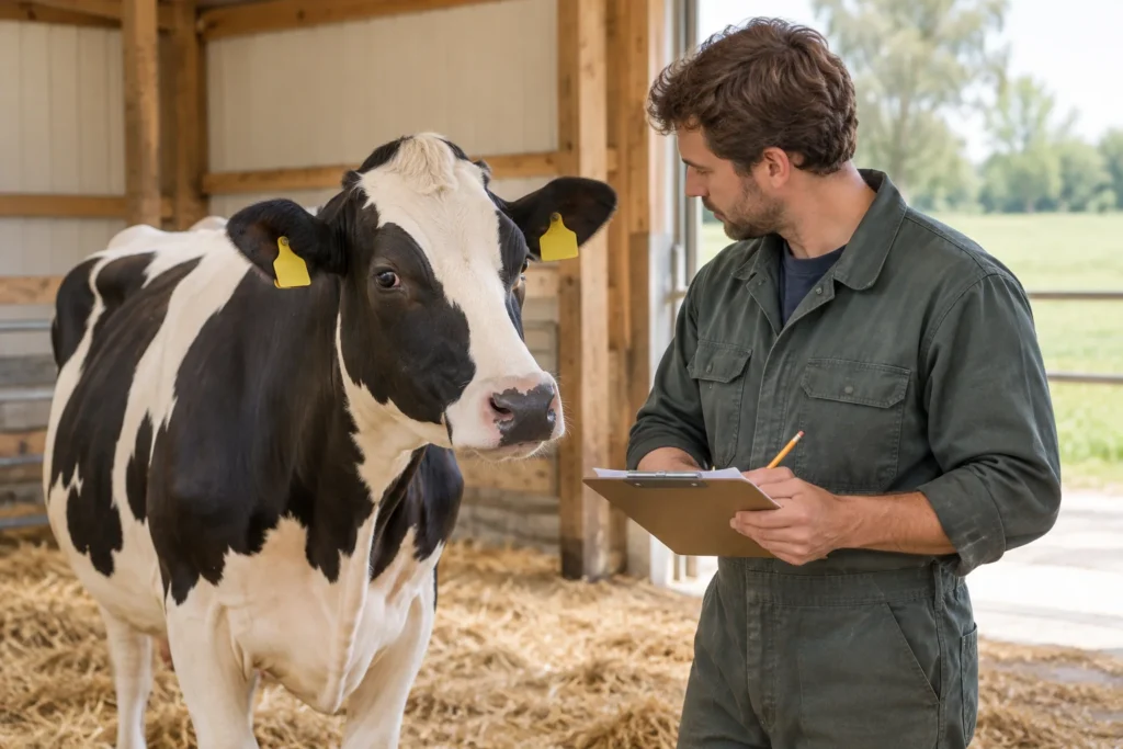 Illustration einer schwarzbunten Kuh mit gelben Ohrmarken neben einem Tierhalter, der in einem Stall Notizen auf einem Klemmbrett macht.
