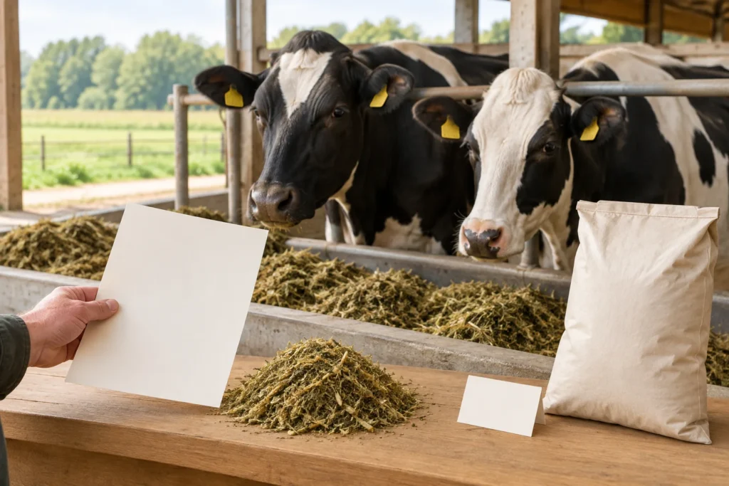 Zwei schwarzbunte Rinder an einem Futtergang, mit Grundfutter, einem leeren Blatt Papier und einem unbedruckten Sack im Vordergrund.