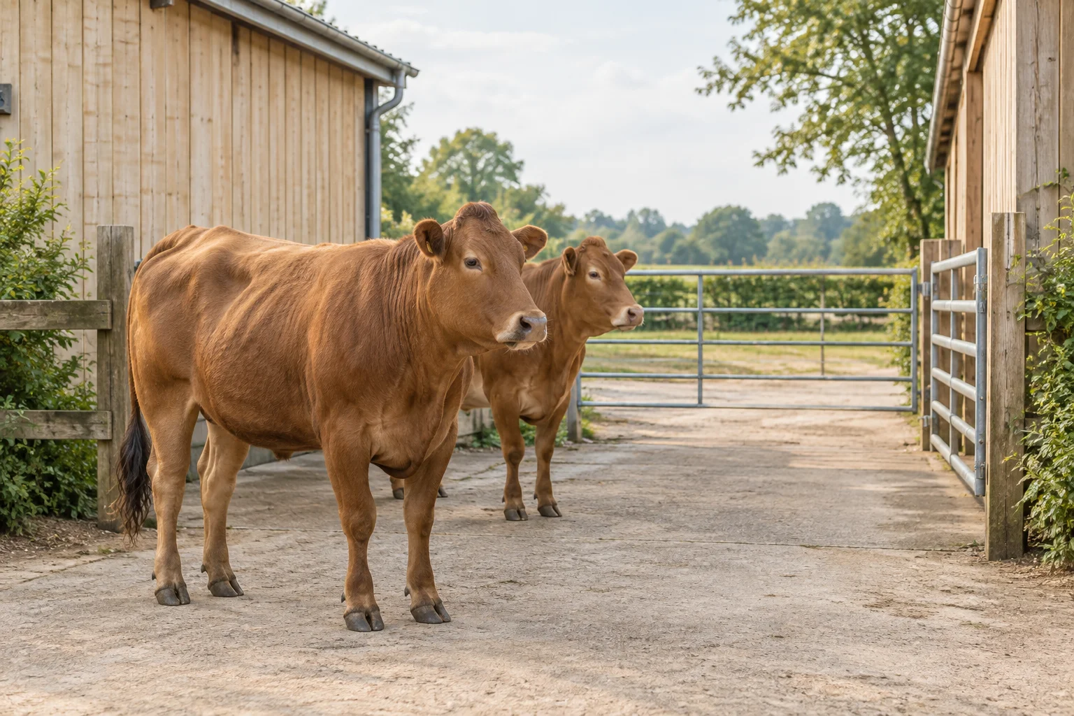 Zwei braune Rinder stehen auf einem Hof zwischen Holzscheunen und Metalltoren.