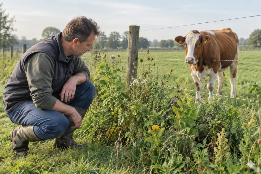 Ein Landwirt betrachtet Pflanzen entlang eines Weidezauns; hinter dem Zaun steht ein Rind.