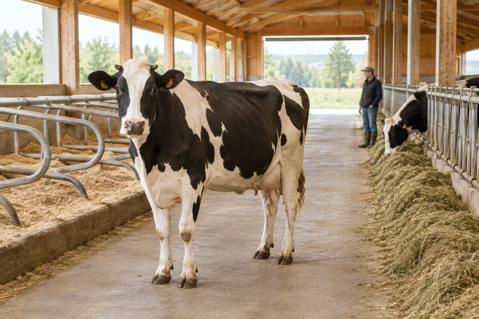 Schwarzbunte Kuh in einem Stallgang, mit Liegeplätzen links, Futter und fressenden Kühen rechts sowie einer Betreuungsperson im Hintergrund.