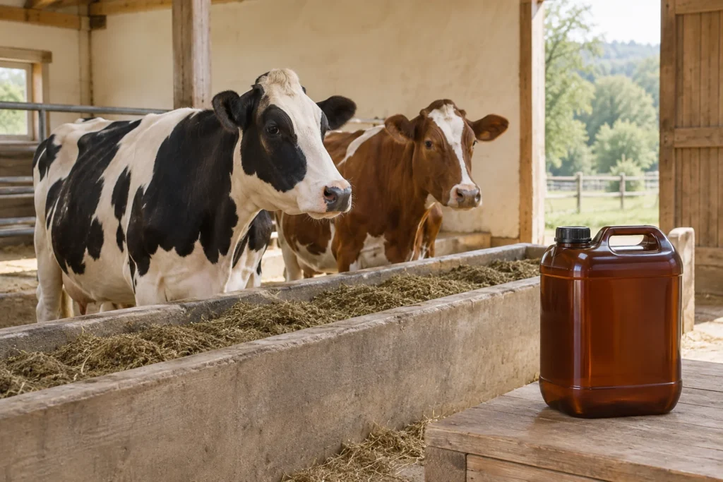 Illustration von zwei Kühen an einem Futtertrog in einem Stall, mit einem braunen Kanister im Vordergrund.
