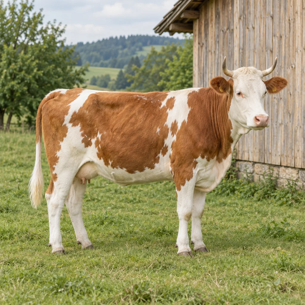 Ein rotweißes Rind mit weißem Kopf und gebogenen Hörnern steht auf Gras neben einem Holzschuppen.