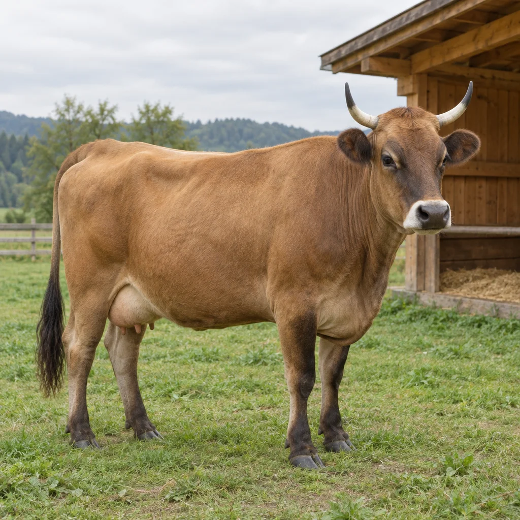 Braune Kuh mit dunklen Beinen, dunkler Schwanzquaste und hellen Hörnern mit dunklen Spitzen, die auf Gras neben einem hölzernen Unterstand steht.