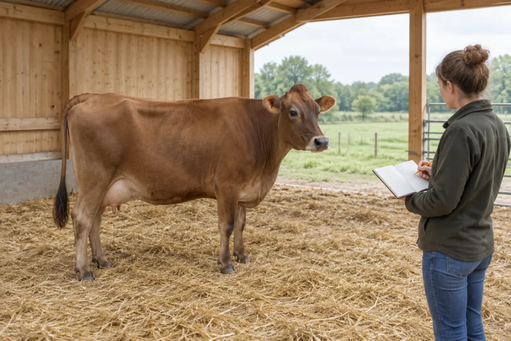 Eine braune Kuh steht auf Stroh in einem offenen Stall, während ein Tierhalter sie mit einem leeren Notizbuch in der Hand betrachtet.