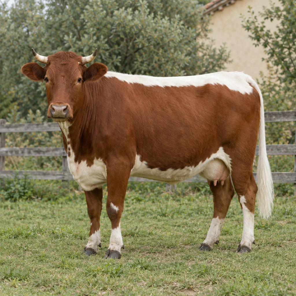 Kastanienbraunes Rind mit weißem Streifen auf dem Rücken, weißem Bauch und weißem Schwanz, das im Gras an einem Holzzaun steht.