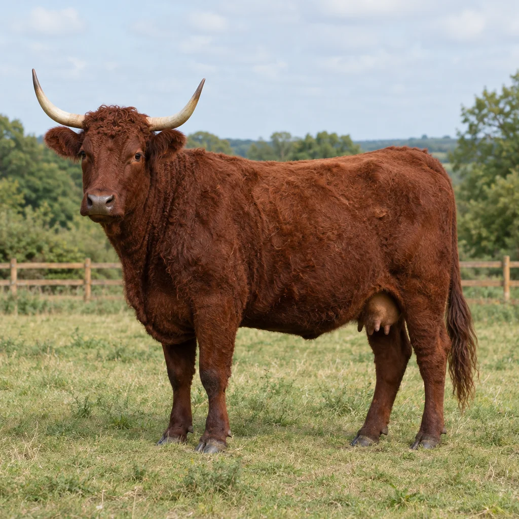 Rotbraune Kuh mit gelocktem Fell und nach oben gebogenen Hörnern steht vollständig sichtbar auf Gras, im Hintergrund ist ein Zaun zu sehen.