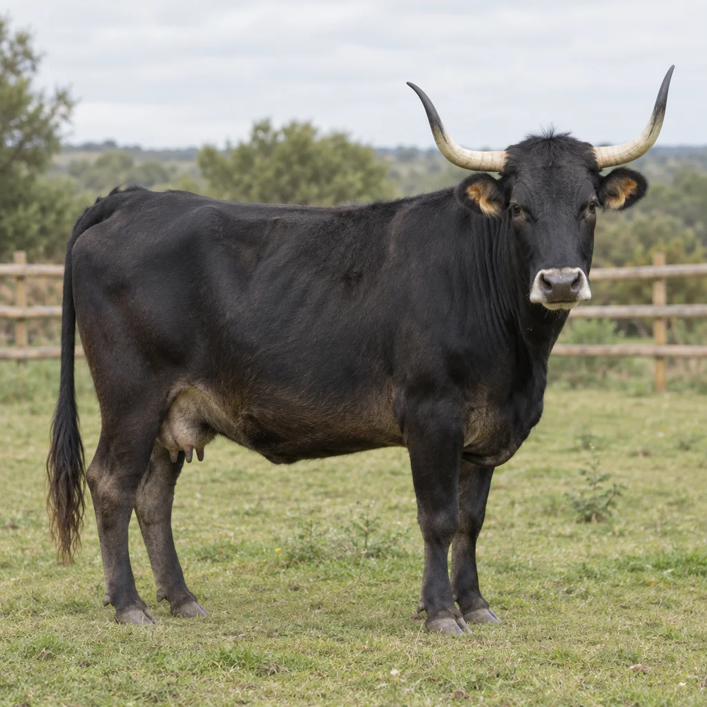Schwarze Kuh mit langen, gebogenen Hörnern steht vollständig sichtbar auf Gras vor einem Holzzaun.