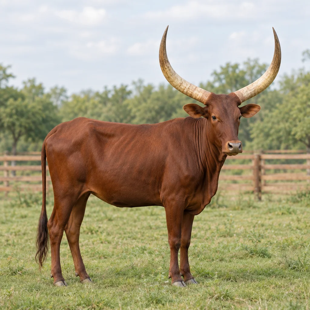 Illustration eines rotbraunen Watusi Rinds mit großen, nach oben gebogenen Hörnern auf einer Grasweide.