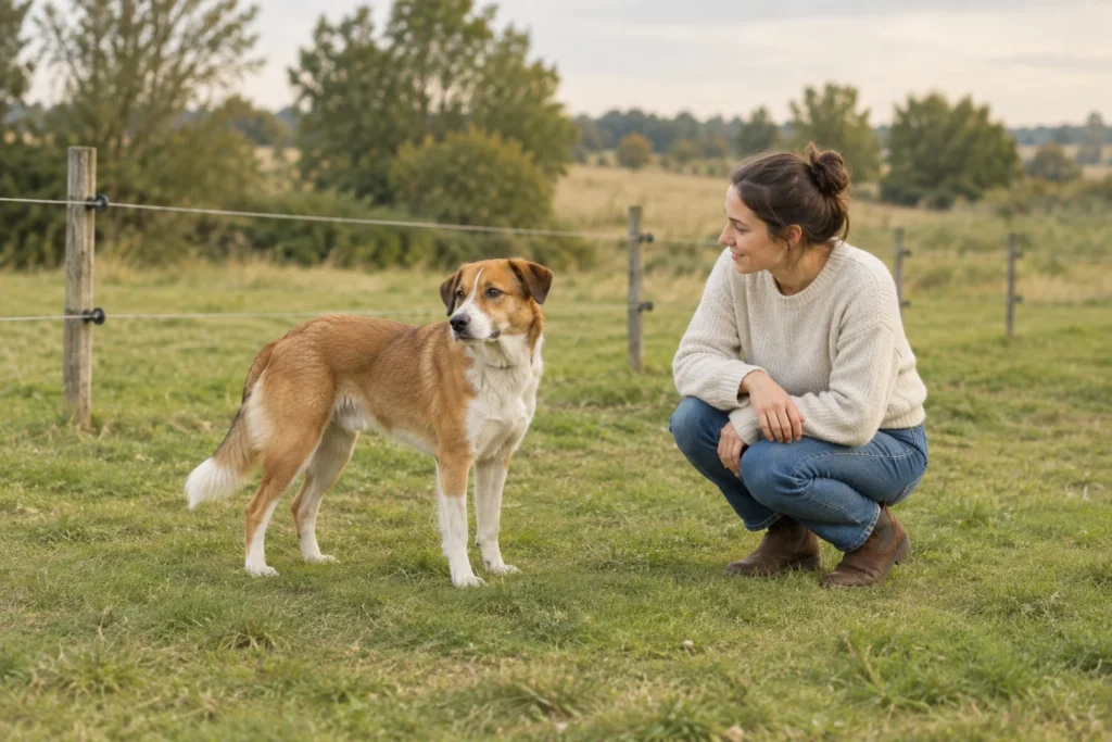 Ein brauner Hund steht auf Gras neben einer hockenden Frau. Im Hintergrund stehen Holzpfähle mit Drähten.