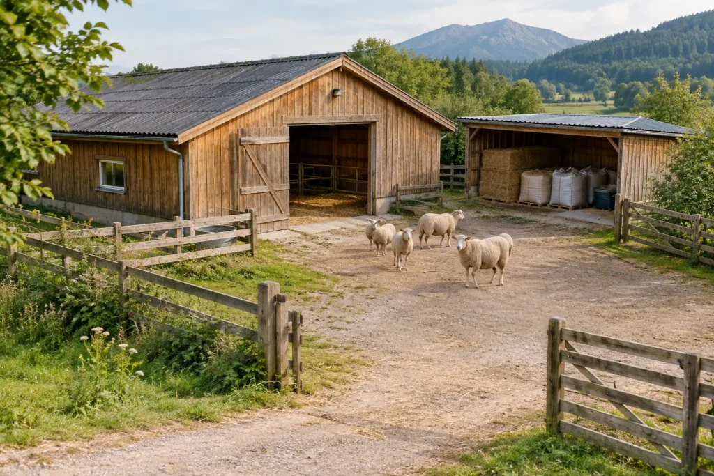 Illustration von Schafen auf einem Hof mit Holzställen und Zäunen vor einer Berglandschaft.