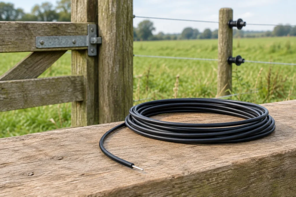 Aufgerolltes schwarzes isoliertes Elektrozaunkabel mit einem sichtbaren Metallleiter auf einem Holzzaun an einer Weide.