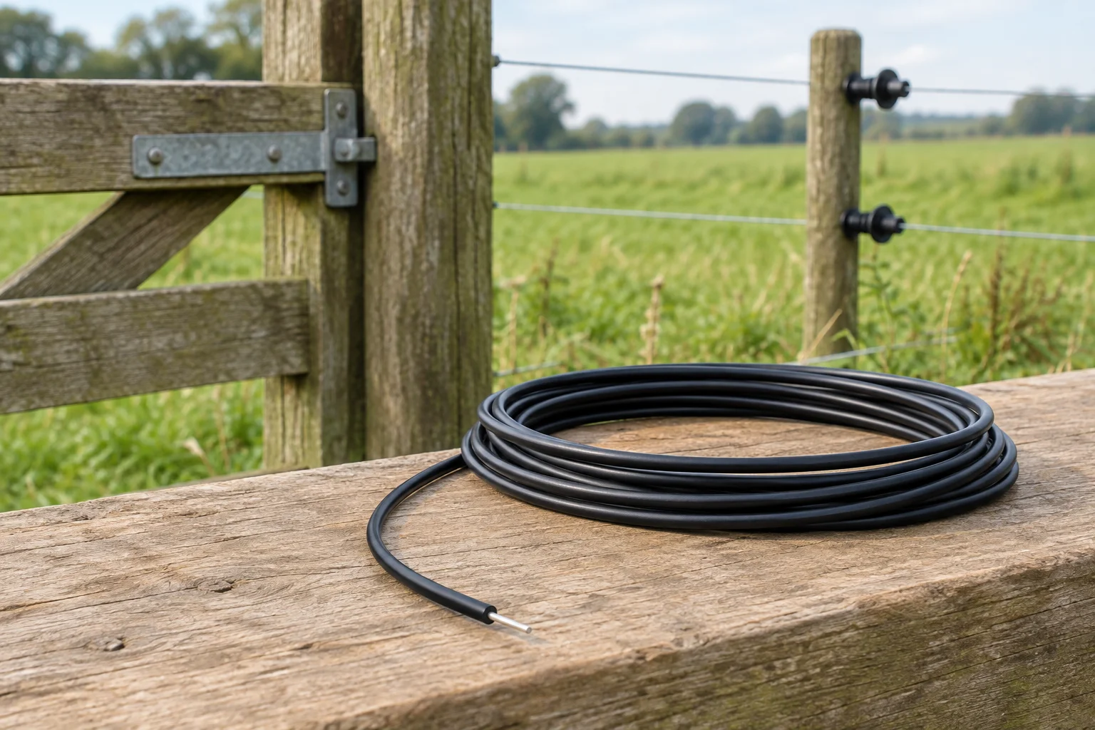 Aufgerolltes schwarzes isoliertes Elektrozaunkabel mit einem sichtbaren Metallleiter auf einem Holzzaun an einer Weide.