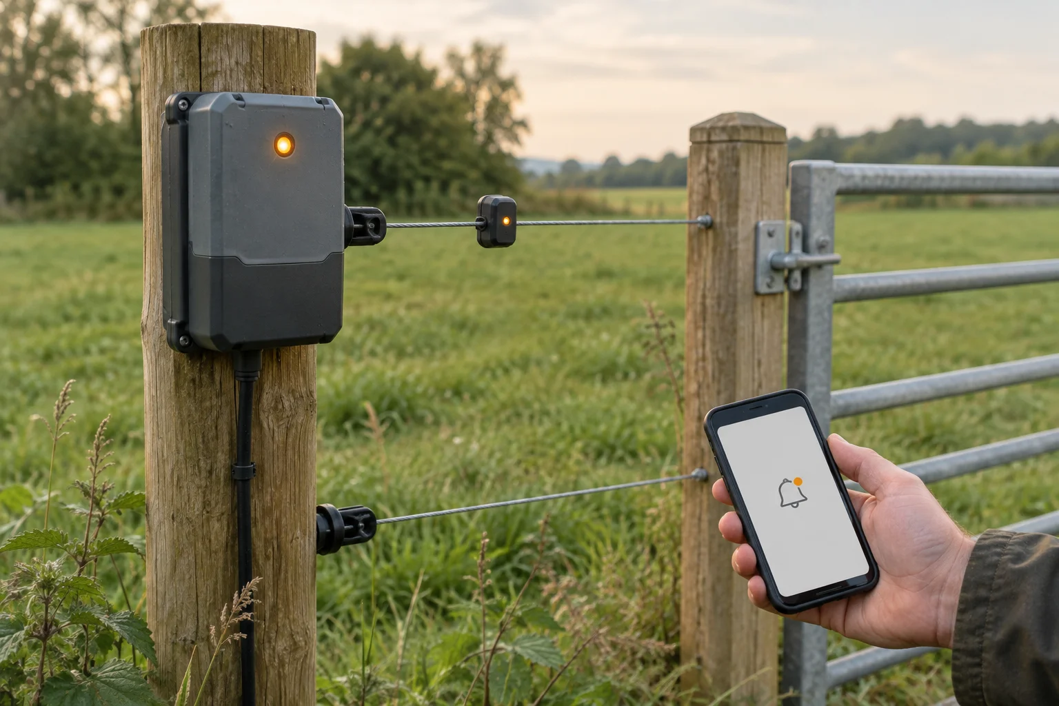 Kontrollleuchte an einem elektrischen Weidezaun, mit einem Gerät an einem Holzpfosten und einem Handy mit Meldungssymbol.