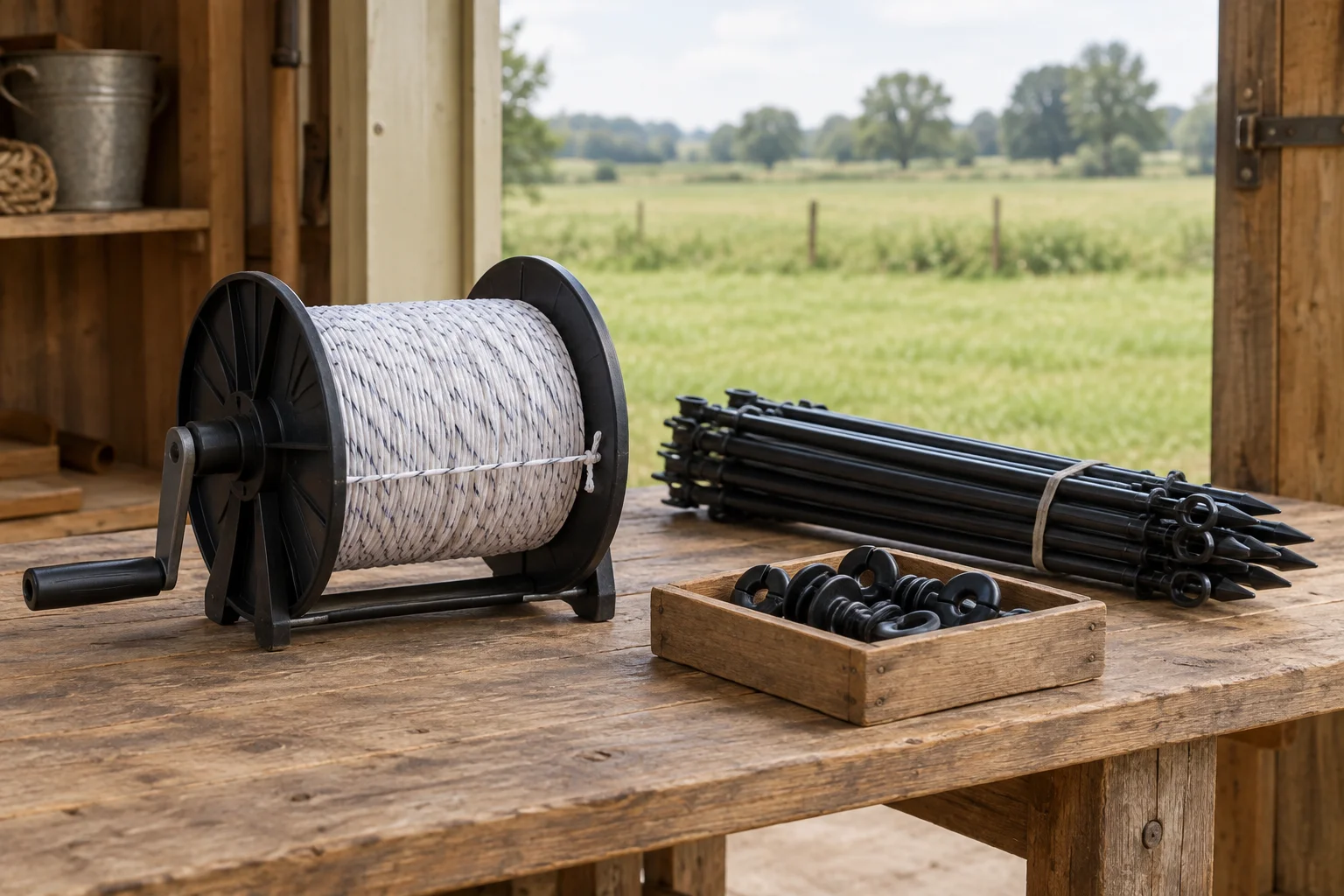 Eine Handhaspel mit aufgerolltem weißem Draht steht auf einer hölzernen Werkbank, neben einem Bündel Zaunpfähle und einer Schale mit Isolatoren.