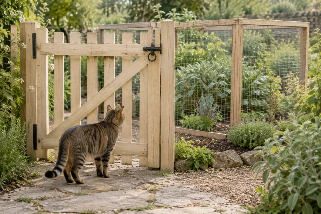 Getigerte Katze an einem hölzernen Gartentor und einem Maschendrahtzaun in einem grünen Garten.