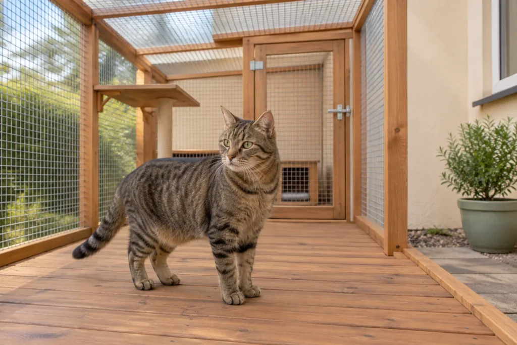 Eine braun getigerte Katze steht auf einer Holzterrasse in einem Gehege mit Drahtgitterwänden, einem Drahtgitterdach und einer Tür.