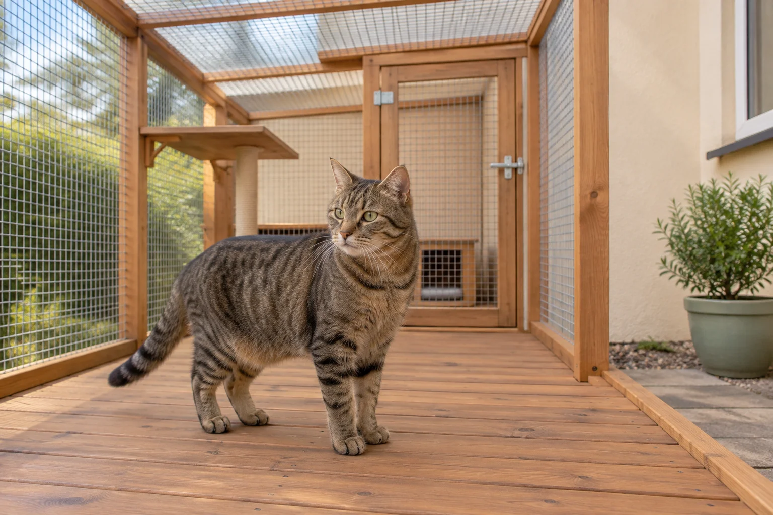 Eine braun getigerte Katze steht auf einer Holzterrasse in einem Gehege mit Drahtgitterwänden, einem Drahtgitterdach und einer Tür.