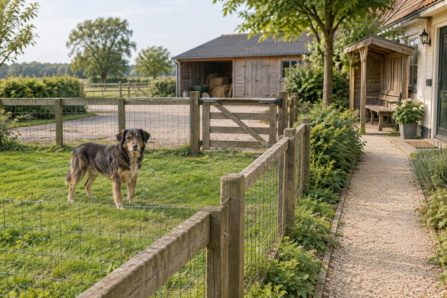 Ein Hund steht auf Gras innerhalb einer Einfriedung aus Holzpfosten und Drahtgeflecht, neben einem getrennten Kiesweg auf einem Bauernhof.