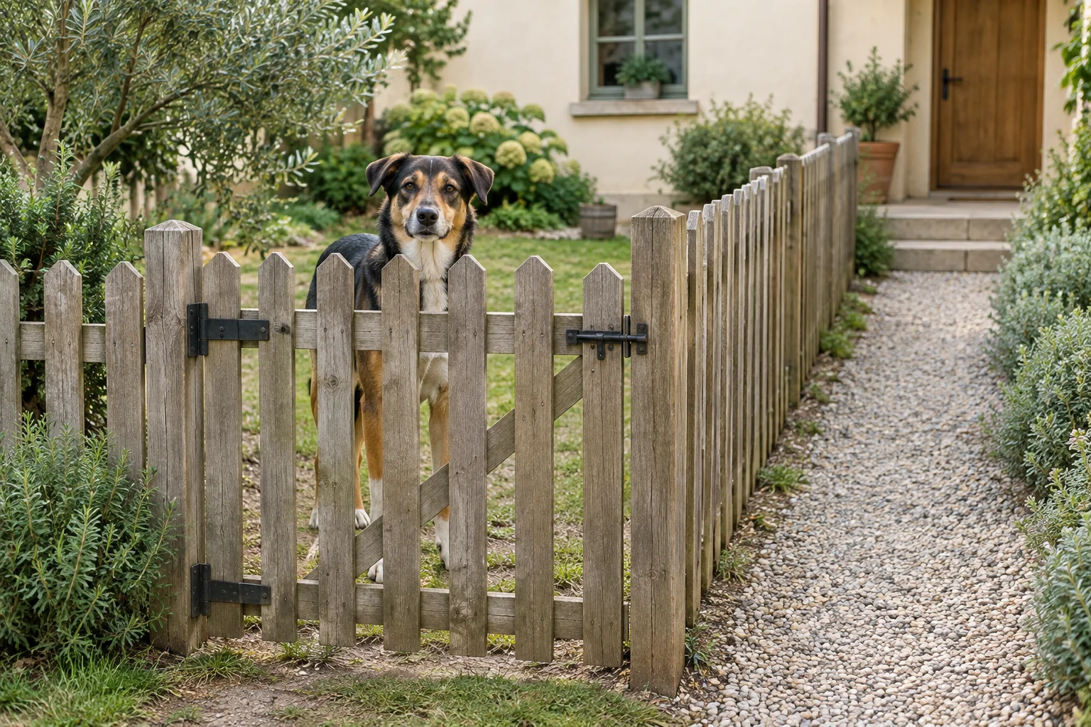 Hund hinter einem geschlossenen Gartentor aus Holz neben einem Kiesweg zur Haustür.