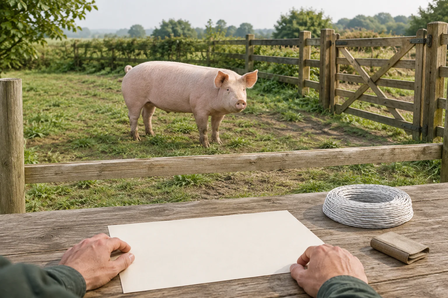 Ein rosa Schwein steht in einem eingezäunten Auslauf an einem Holzzaun. Auf einem Tisch liegen ein leeres Blatt Papier und ein aufgerollter Draht.