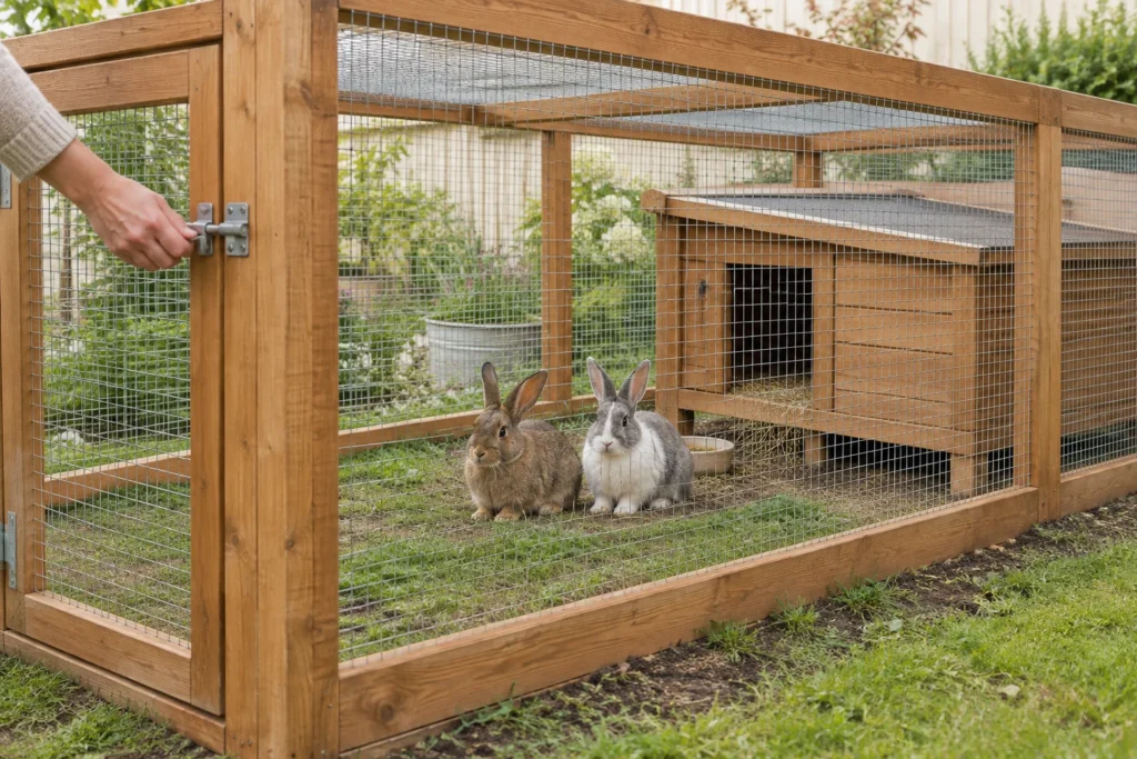 Zwei Kaninchen in einem Holzgehege mit Gitter, abgedeckter Oberseite und einem Schutzhaus; eine Hand berührt den Verschluss der kleinen Tür.