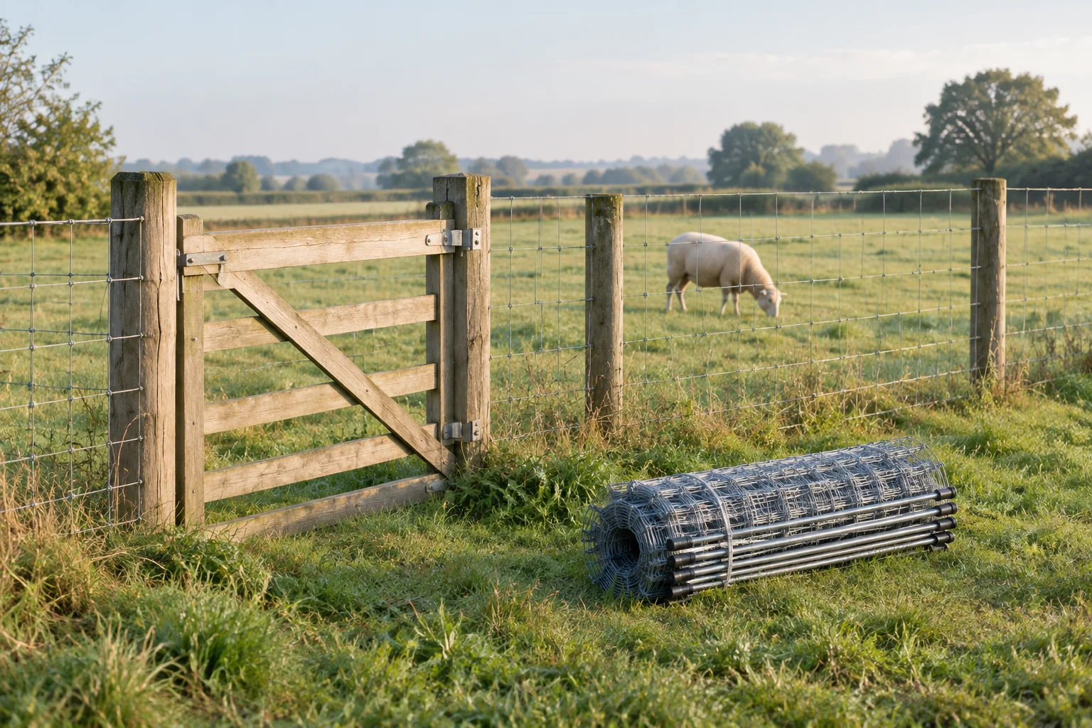 Holzzaun mit Drahtgeflecht entlang einer Schafweide, ein aufgerolltes Netz auf dem Gras und ein grasendes Schaf hinter dem Zaun.